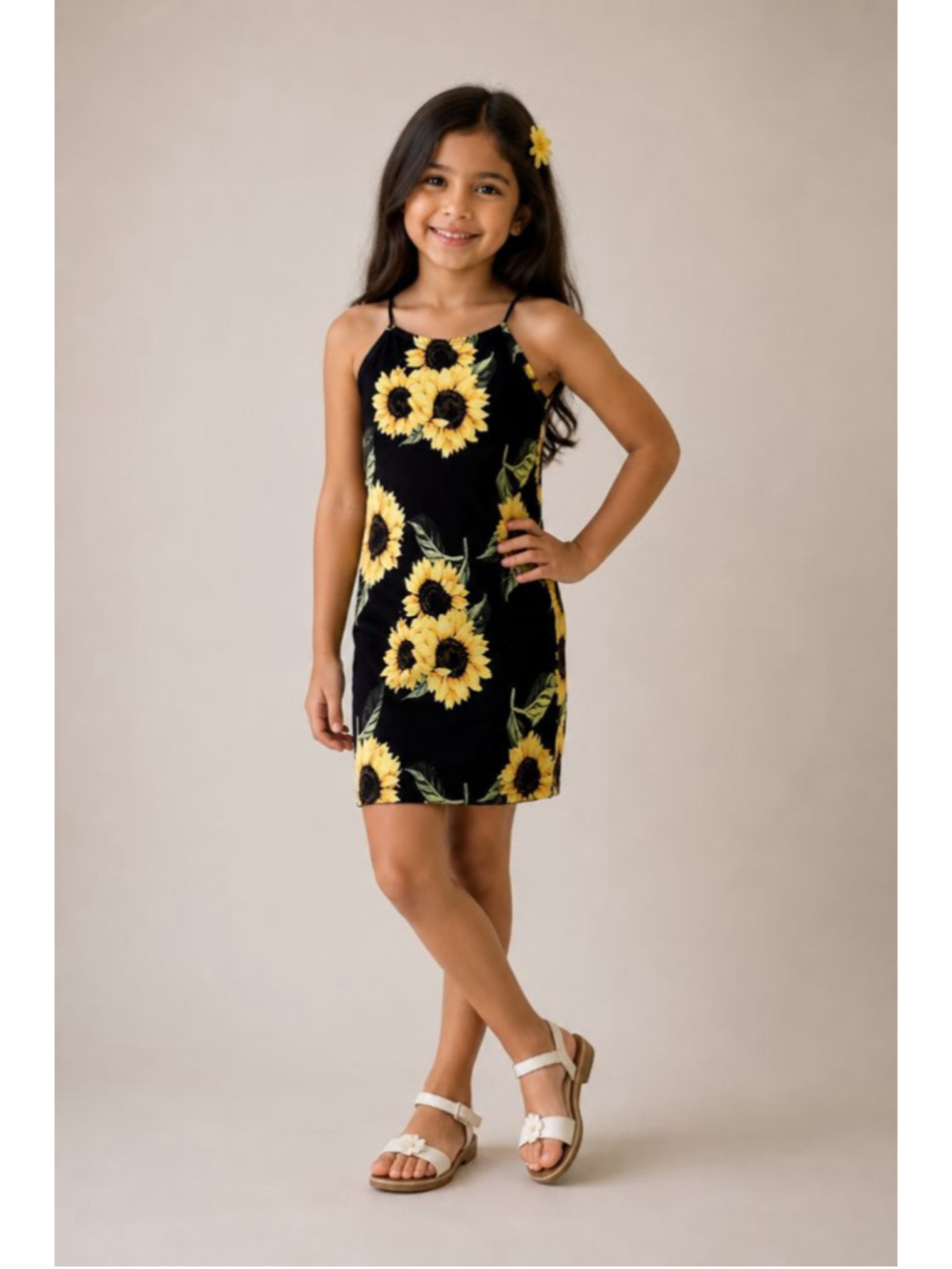 Sunflower Print Black Dress Girls Size 5-6 Sleeveless Summer Floral